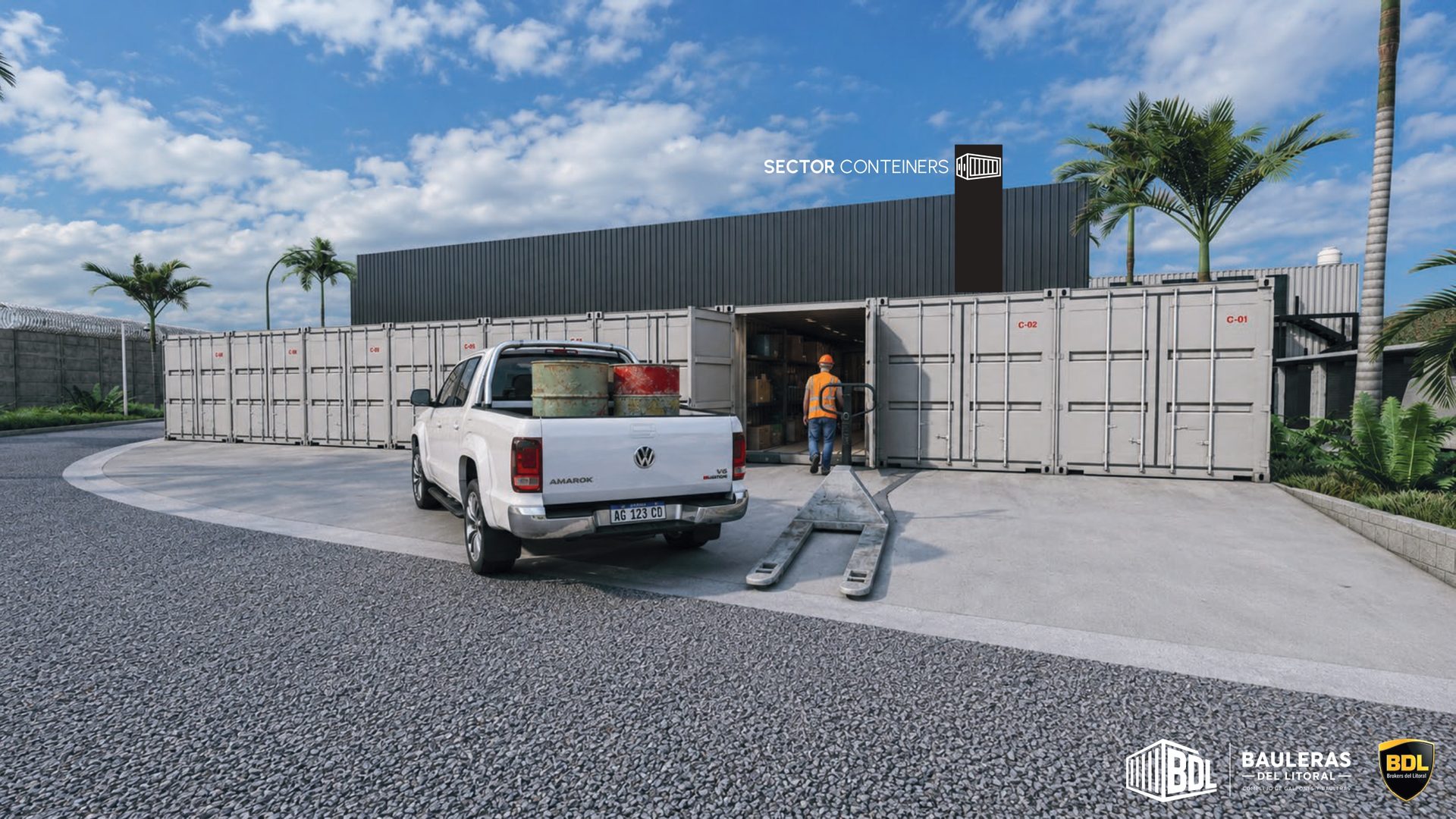 Sector de containers con vehículo de carga
